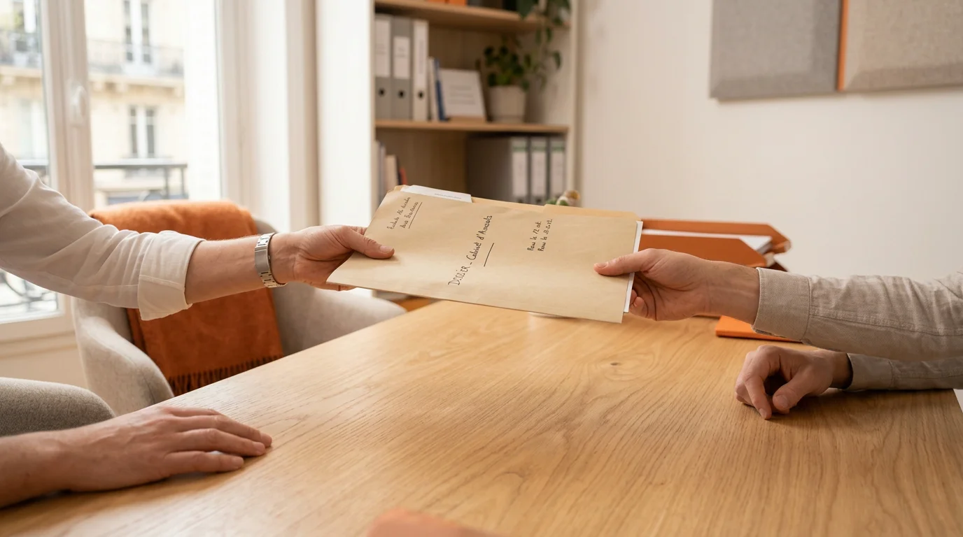 Échange de documents entre un client et un avocat dans un bureau juridique clair