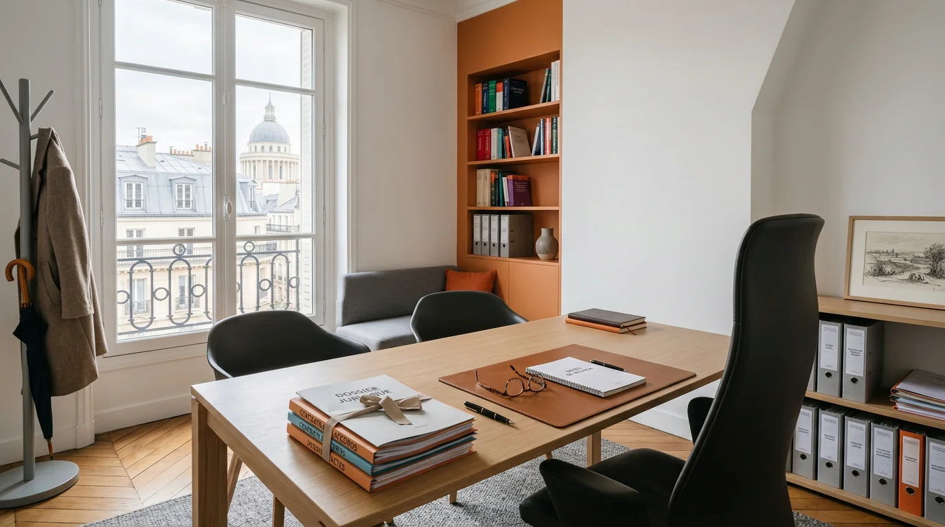 Bureau d'avocat sobre à Paris avec dossiers juridiques et lumière naturelle
