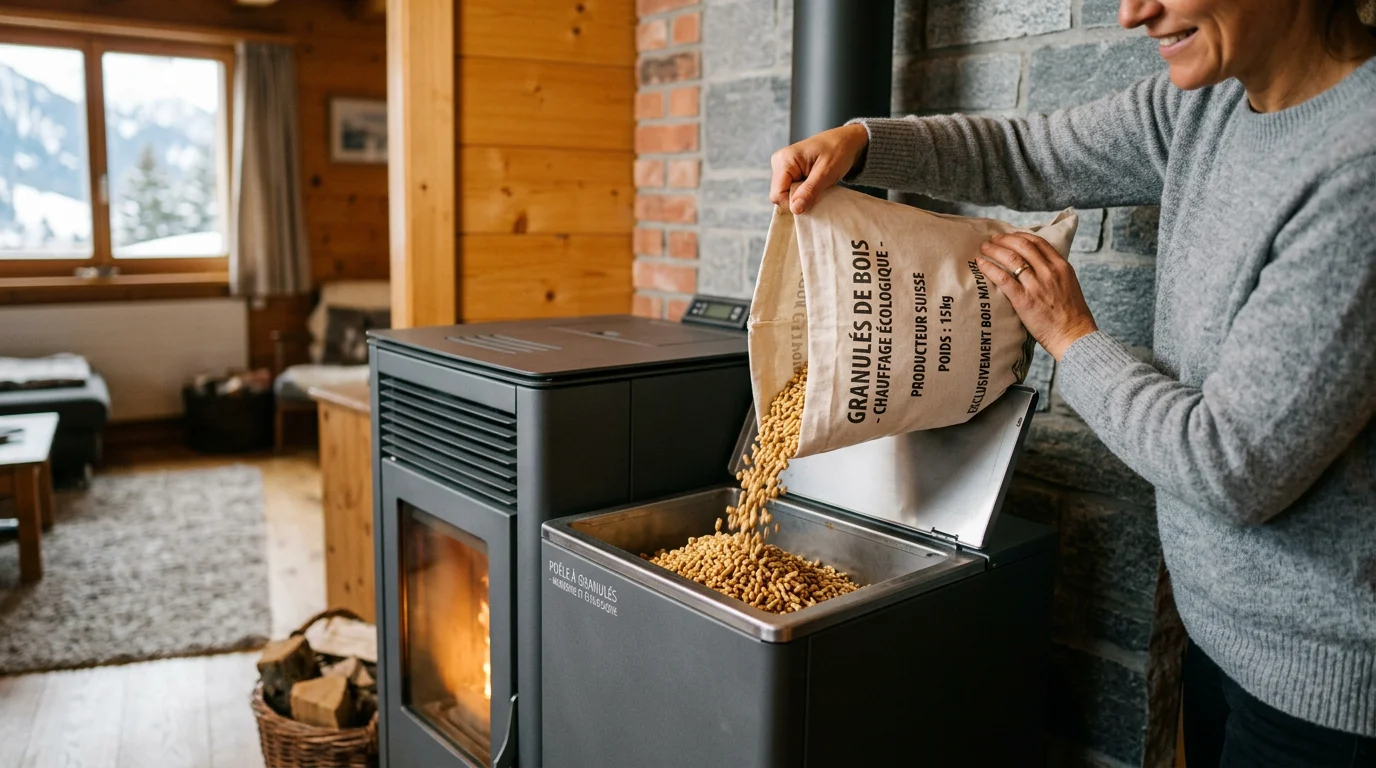 Rechargement du réservoir d'un poêle à pellets avec des granulés de bois