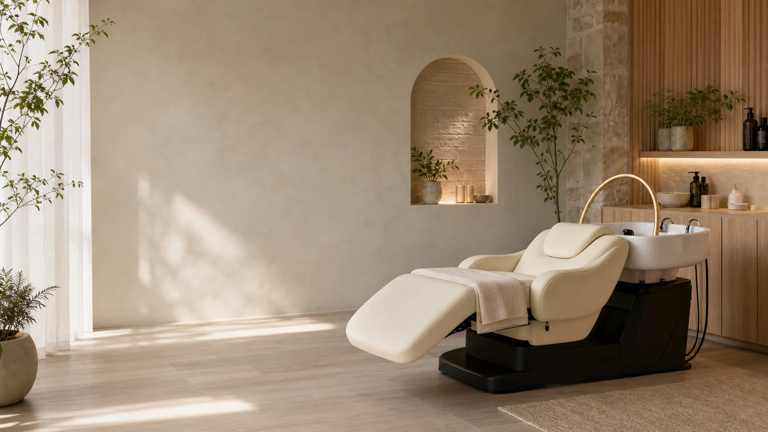 Salle de formation Head Spa japonaise aménagée avec un fauteuil et un bac de soin