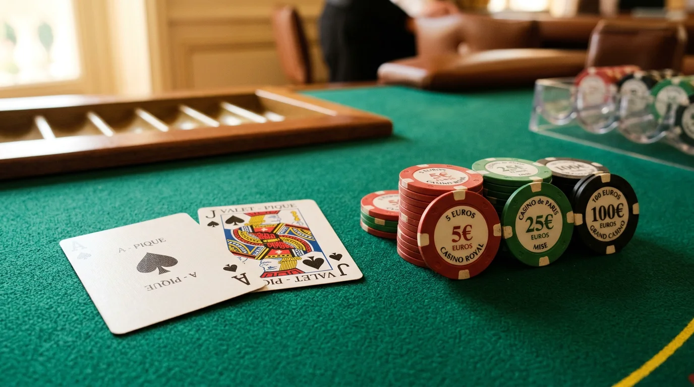 Cartes de blackjack et jetons disposés sur un tapis vert