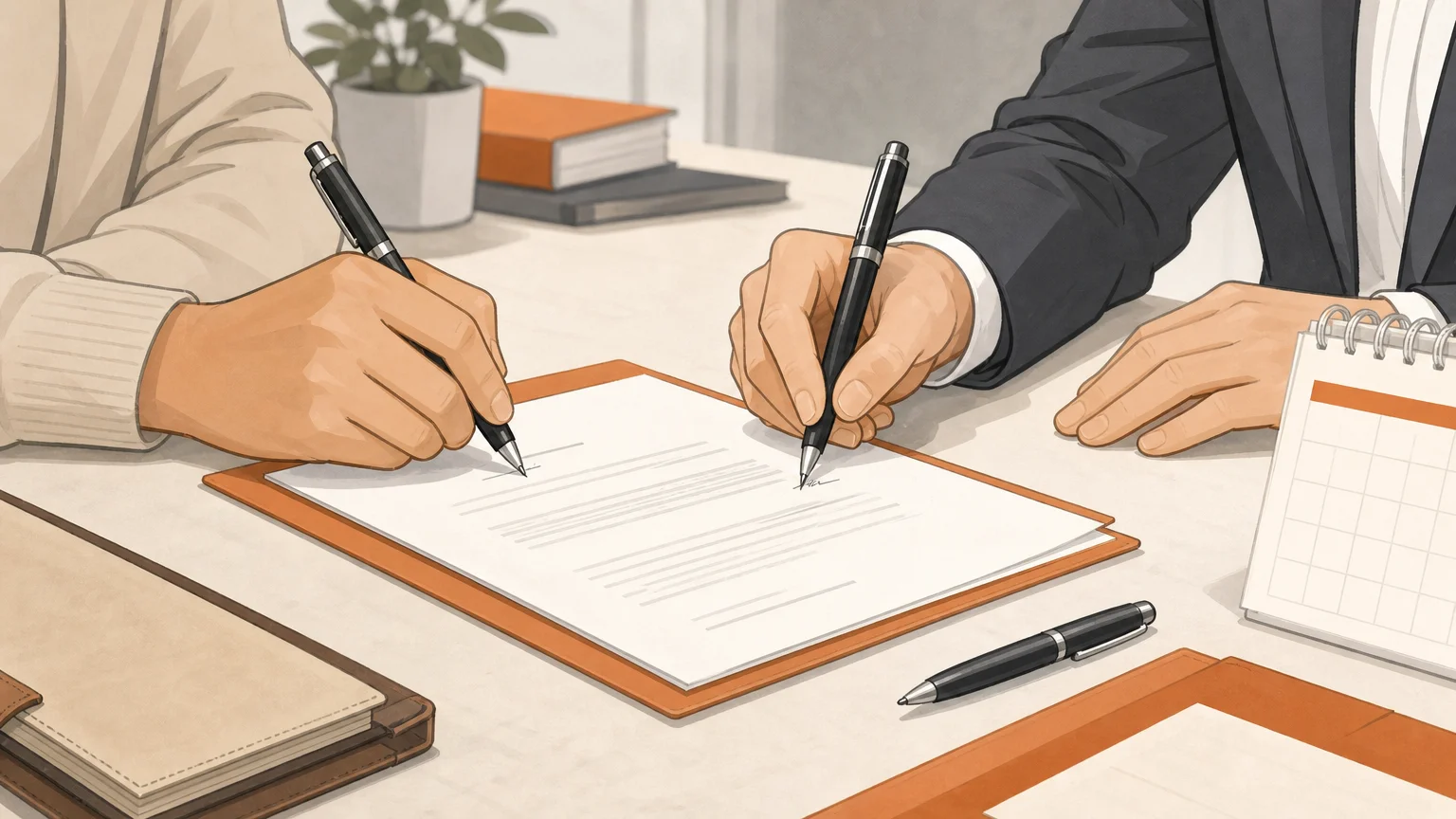 Mains non identifiables signant un document juridique sur un bureau avec calendrier et stylo