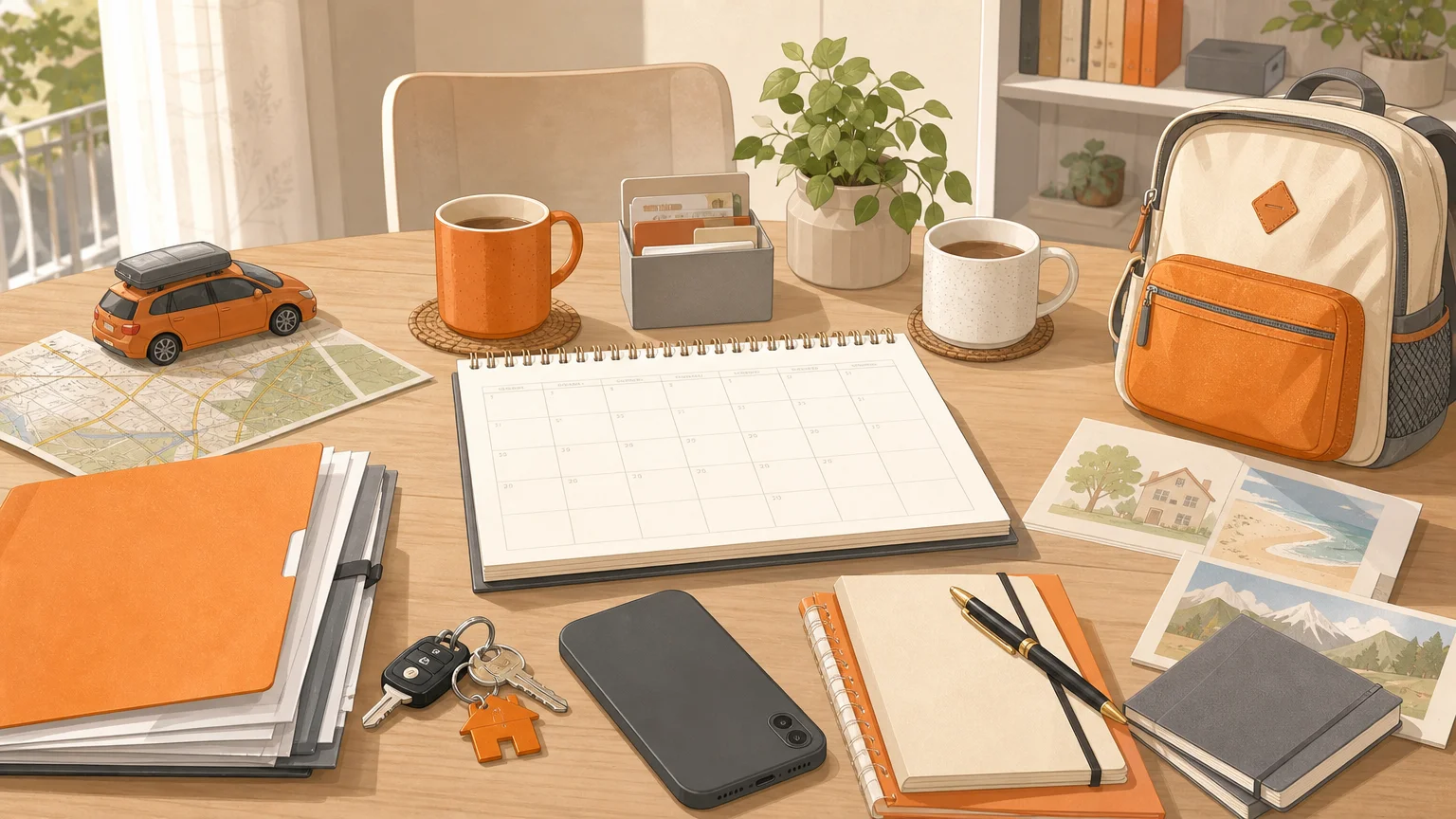 Table de travail avec calendrier vierge, dossier, clés et sac d'enfant pour organiser les temps d'accueil