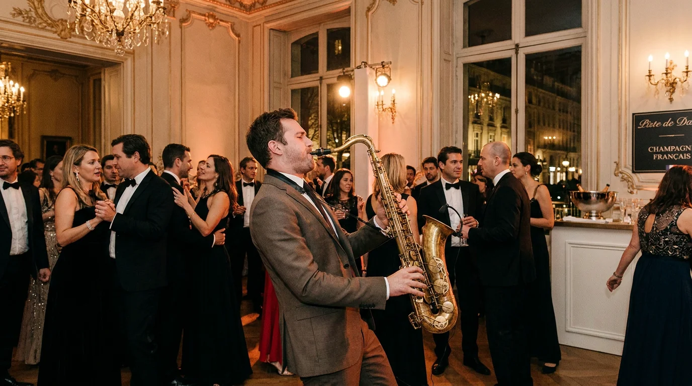 Saxophoniste jouant en live lors d'une soirée événementielle en France