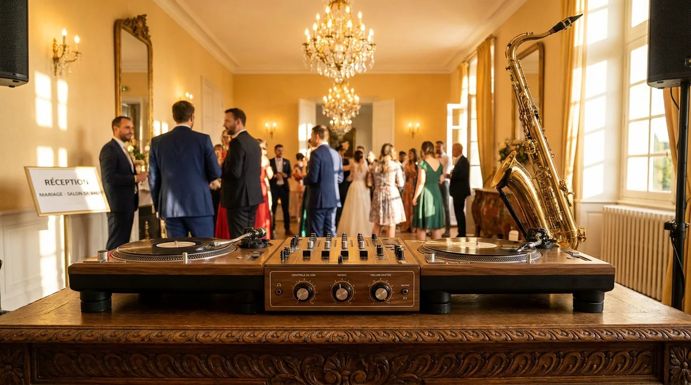 Table de mixage DJ et saxophone dans un cadre de réception élégant
