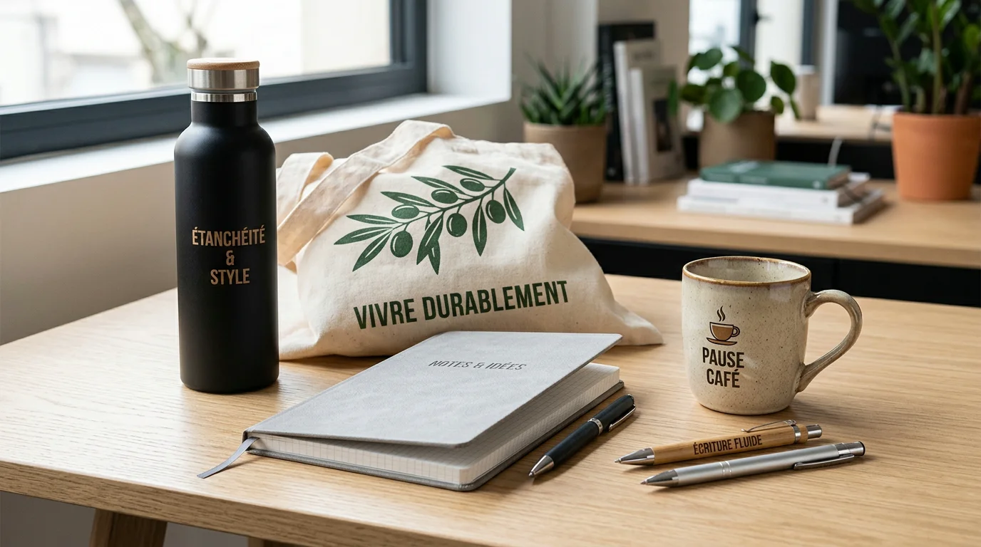 Assortiment d'objets publicitaires personnalisés posés sur un bureau en bois clair