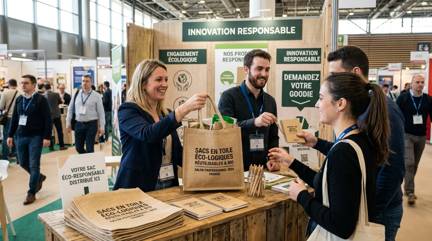 Distribution de goodies éco-responsables personnalisés sur un stand de salon professionnel