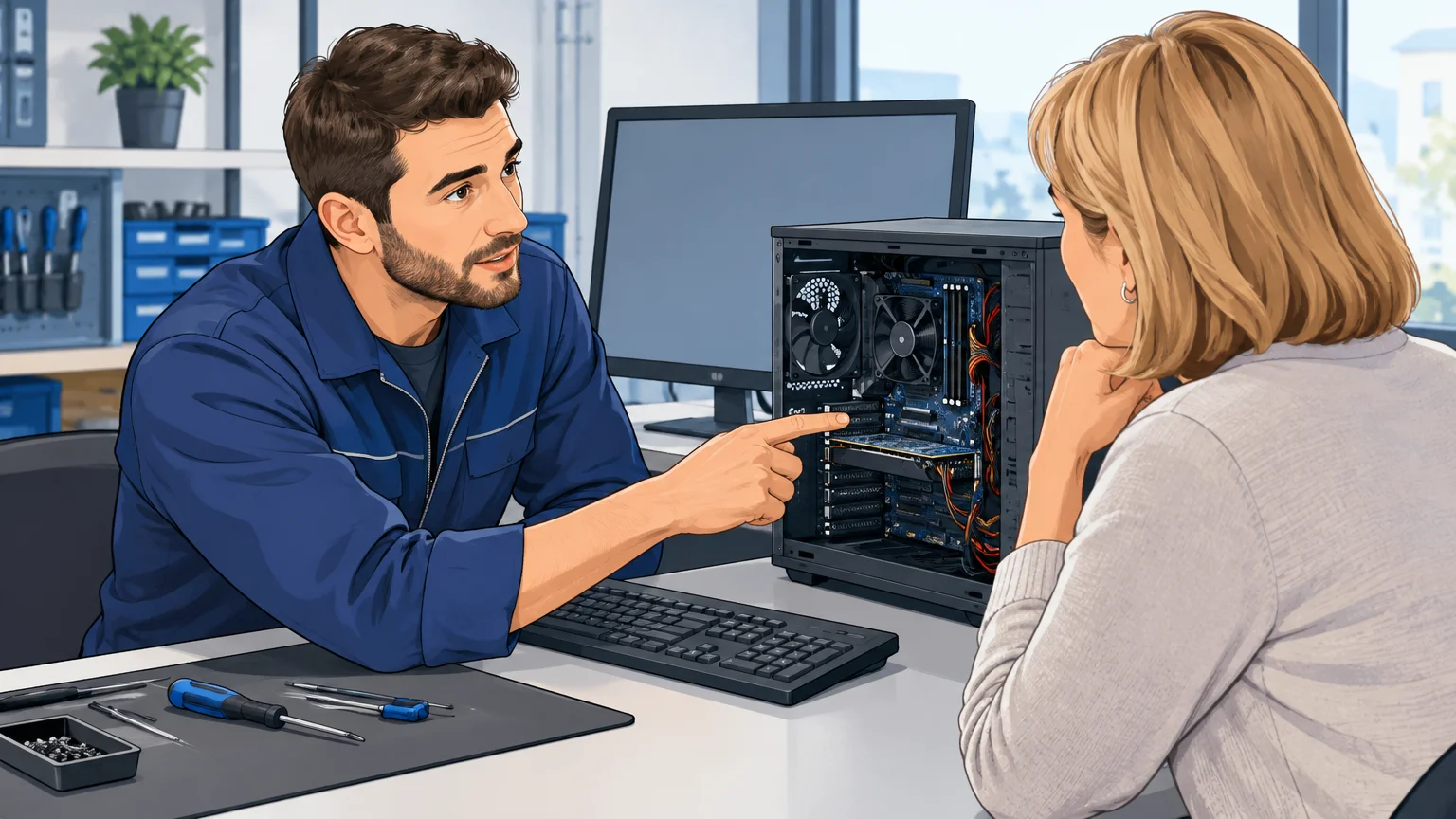 Un technicien conseille une cliente sur une configuration informatique