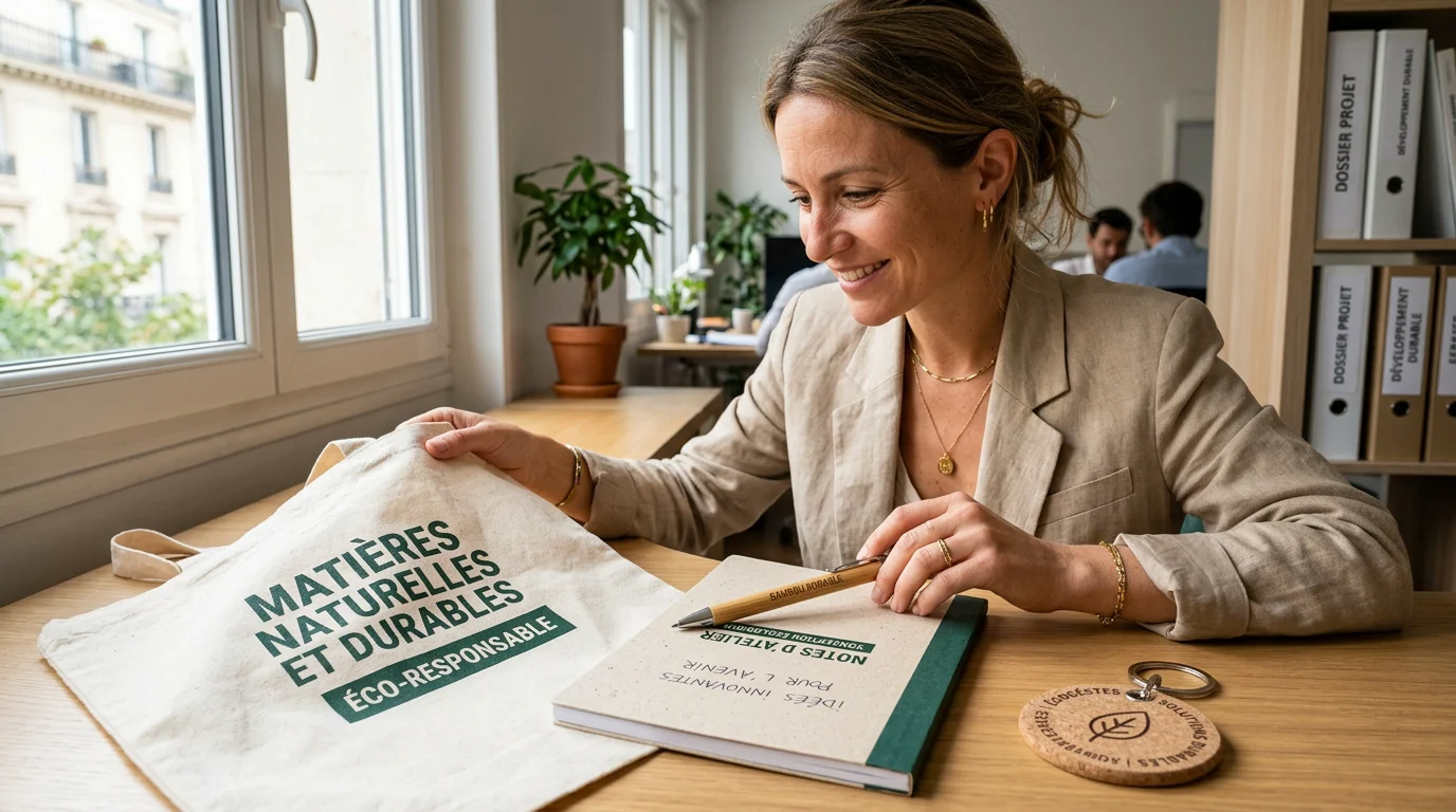 Objets publicitaires éco-responsables en matériaux naturels examinés dans un bureau