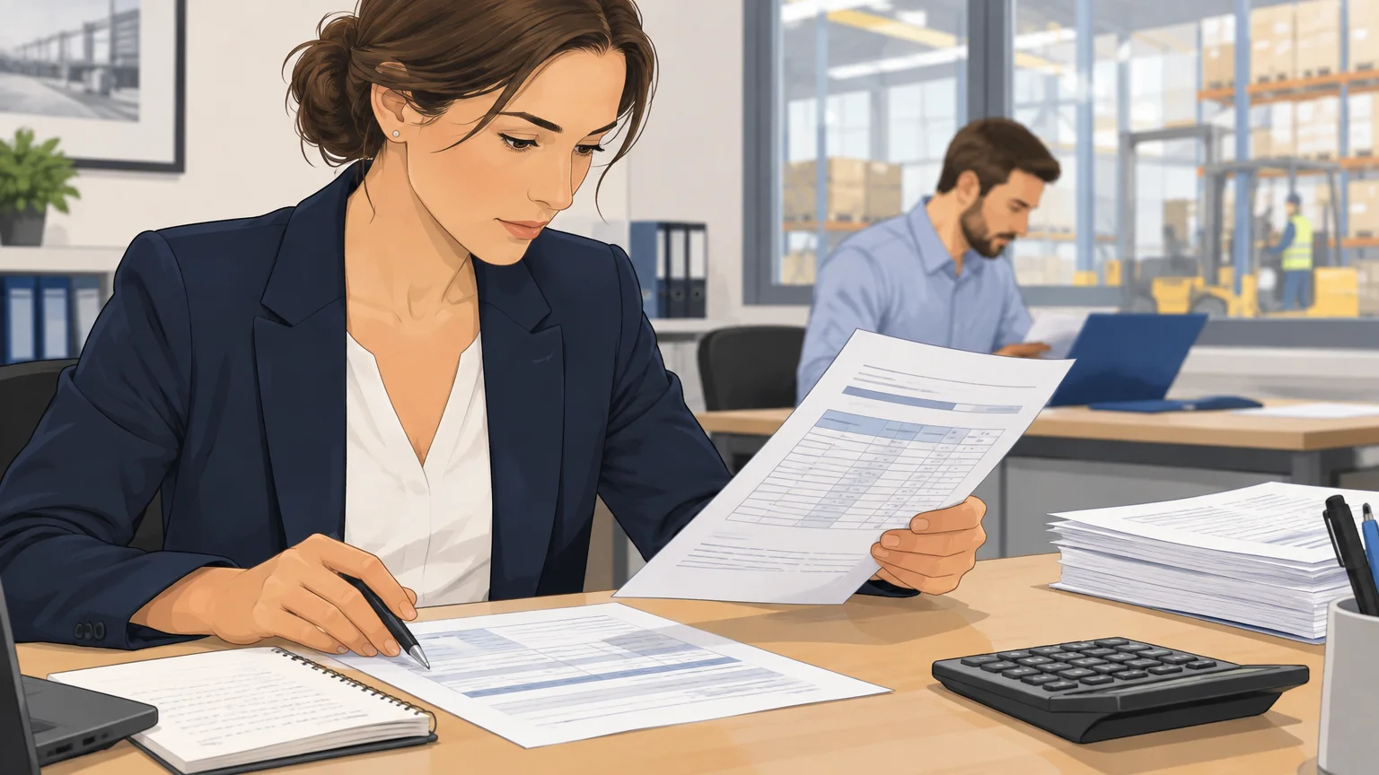 Une professionnelle vérifie une facture et un document de livraison dans un bureau d’entreprise.