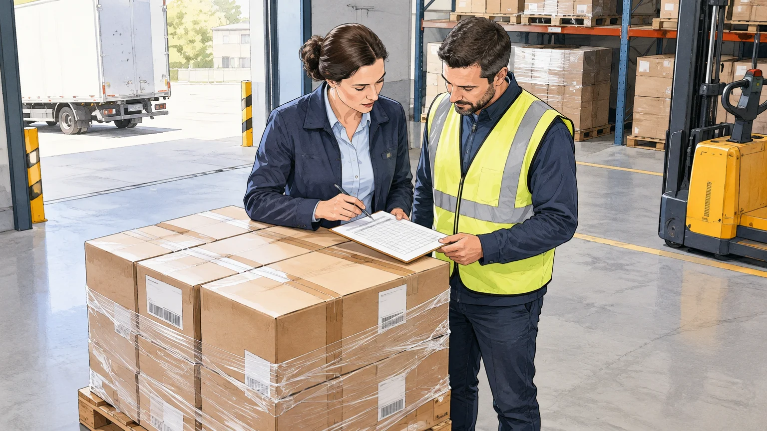 Deux professionnels vérifient une livraison de cartons dans un entrepôt d’entreprise.