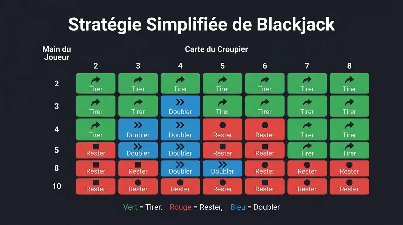Tableau simplifié de stratégie de base du blackjack avec actions codées par couleur