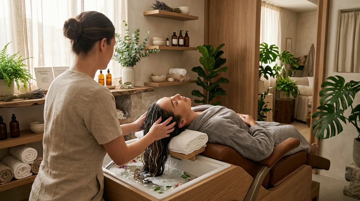 Cliente recevant un soin de head spa relaxant dans une cabine moderne