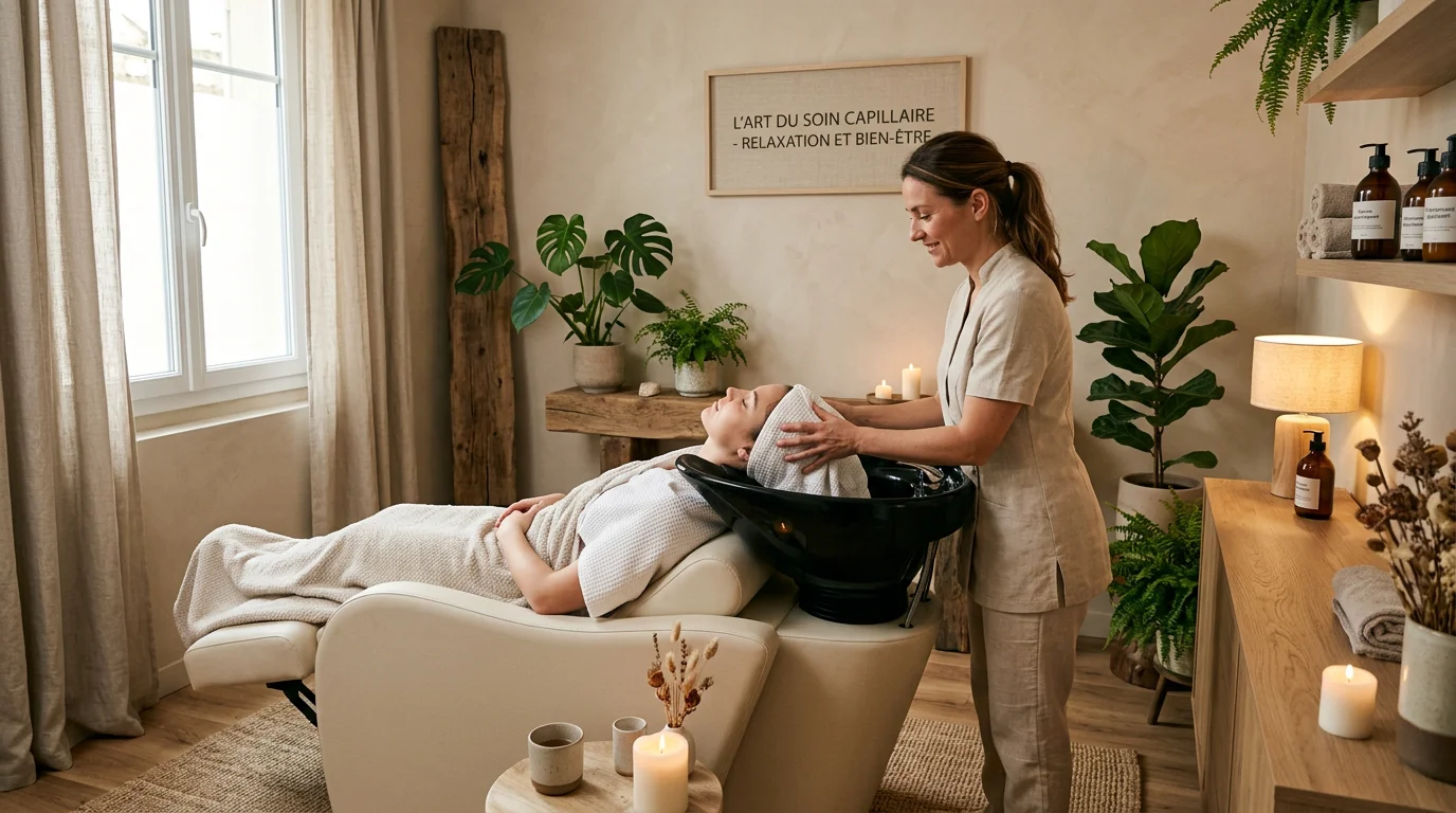 Praticienne réalisant un soin de head spa dans une cabine apaisante