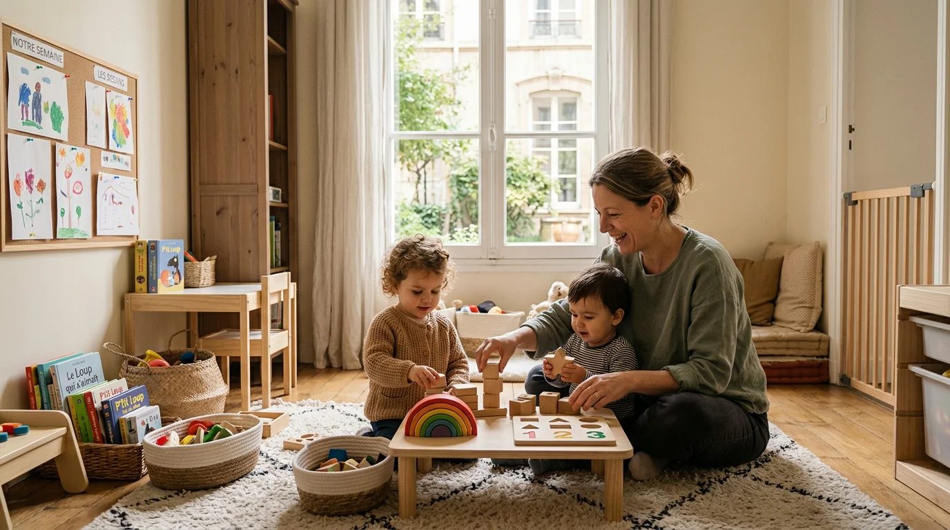 Assistante maternelle jouant avec deux jeunes enfants à son domicile