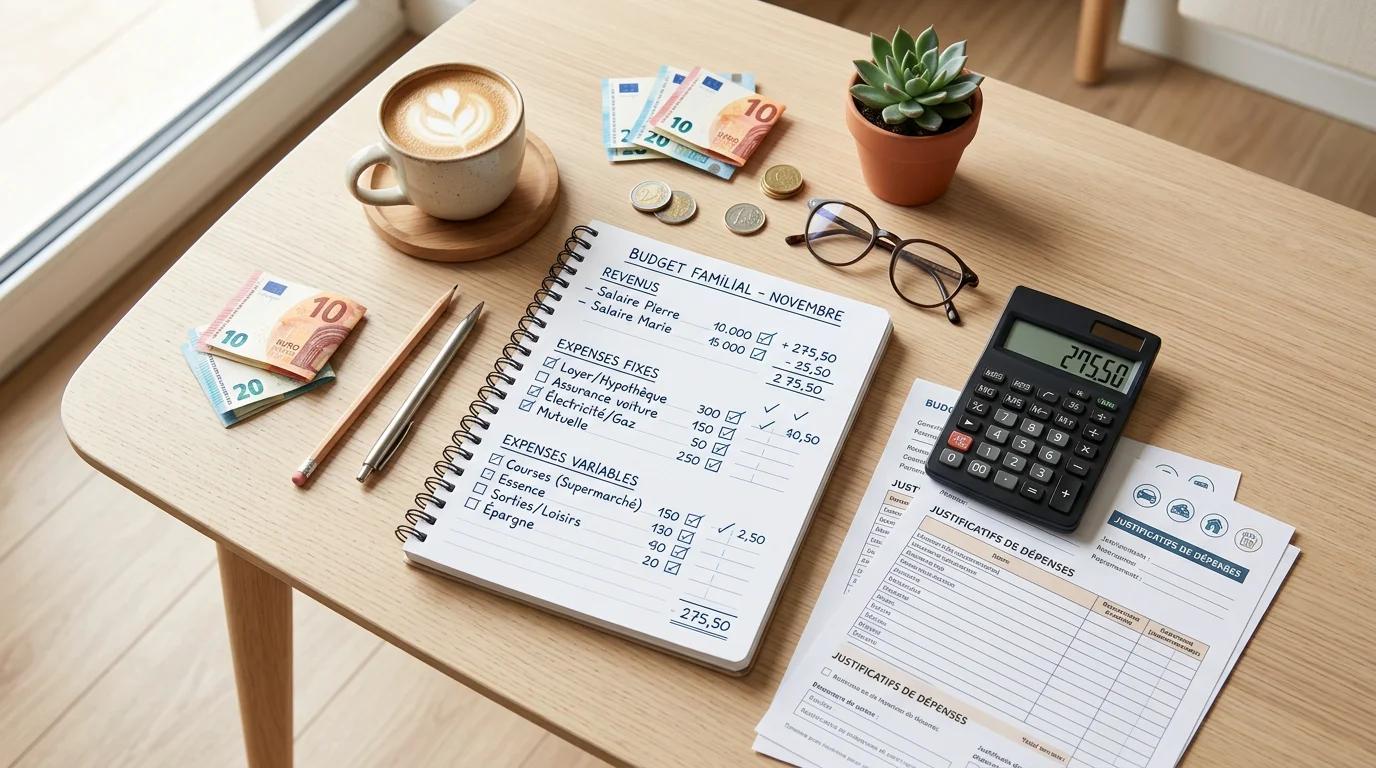 Parents calculant le budget de garde et les aides sur une table en bois