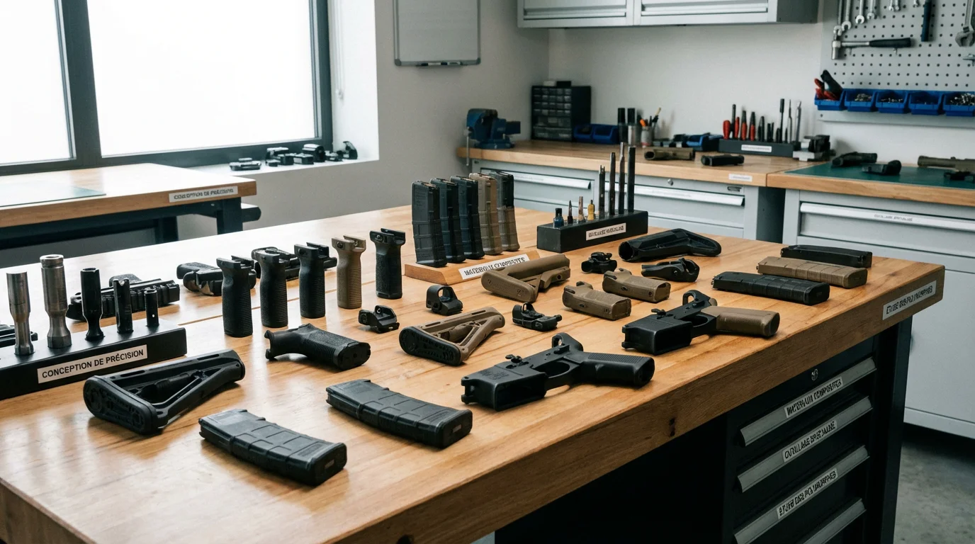 Accessoires polymère pour armes à feu disposés sur un établi d'armurerie