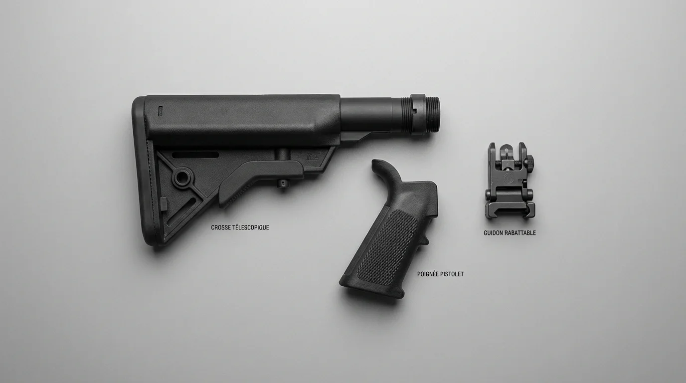 Crosse télescopique, poignée pistolet et guidon rabattable pour AR-15 en flat lay