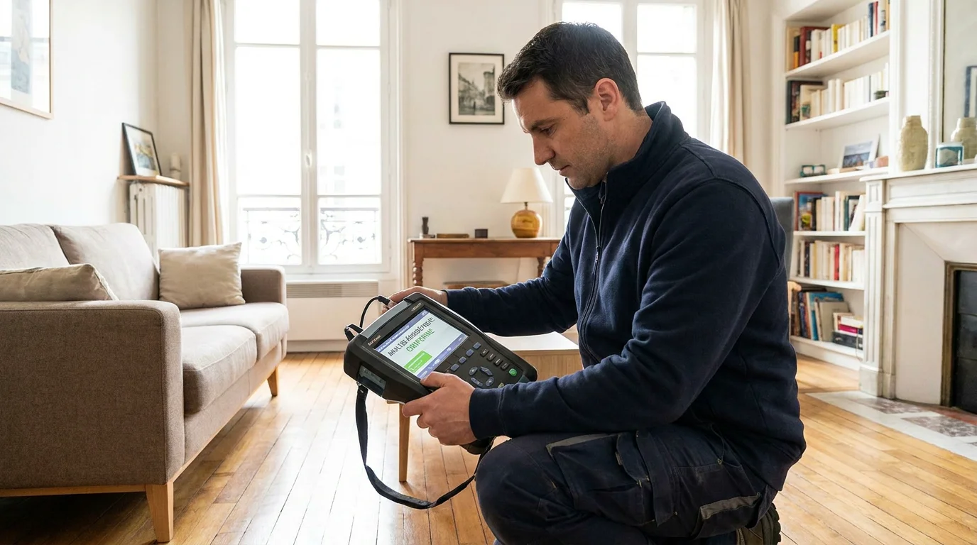 Diagnostiqueur immobilier réalisant un contrôle dans un appartement en location
