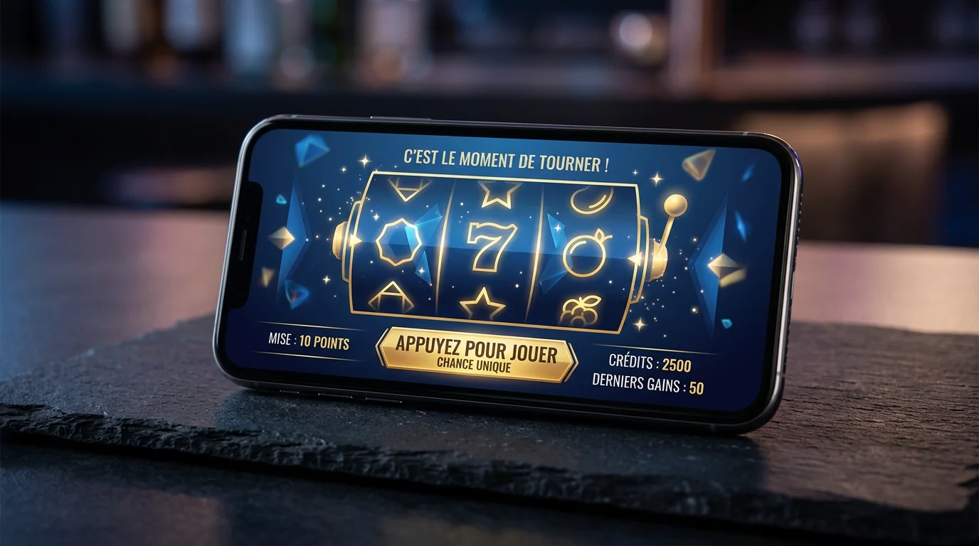 Smartphone affichant un jeu de machine à sous éligible à un bonus sans dépôt