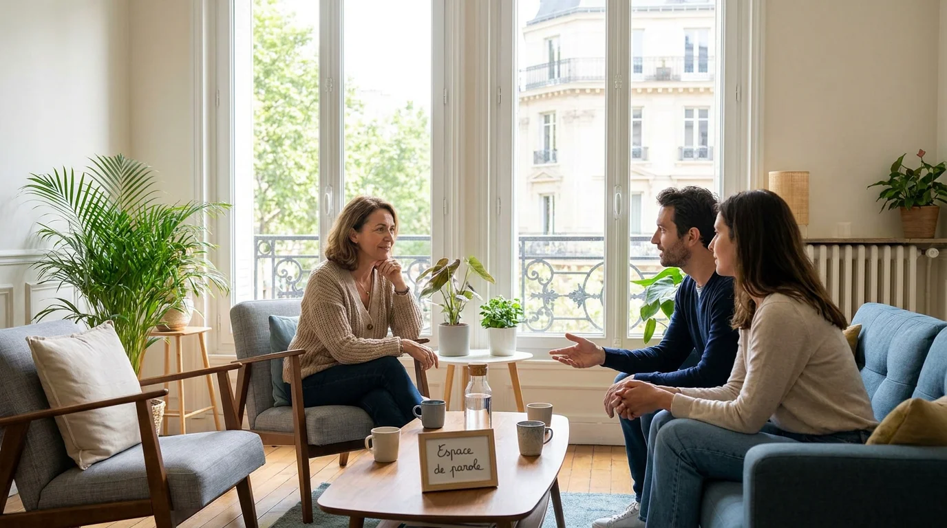 Thérapeute systémicien en séance avec un couple dans un cabinet lumineux en France