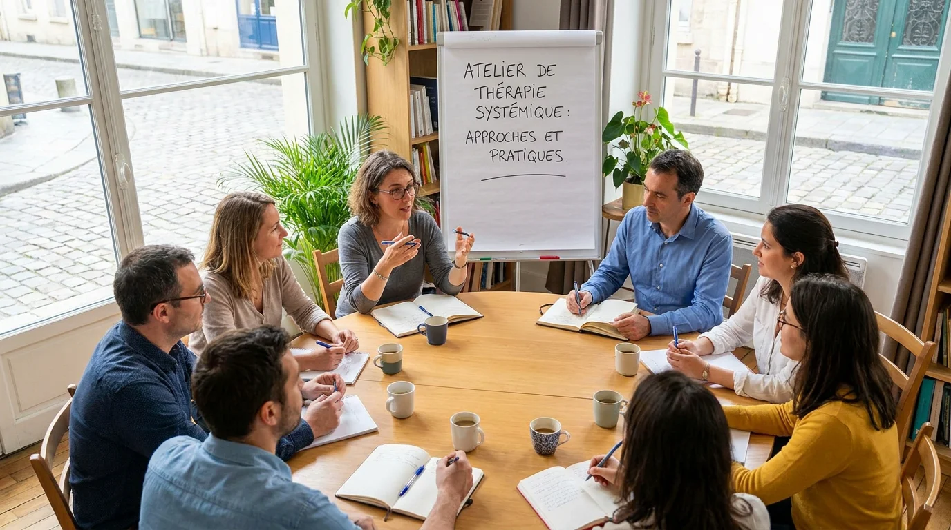 Groupe de praticiens en formation à la thérapie systémique dans une salle lumineuse en France