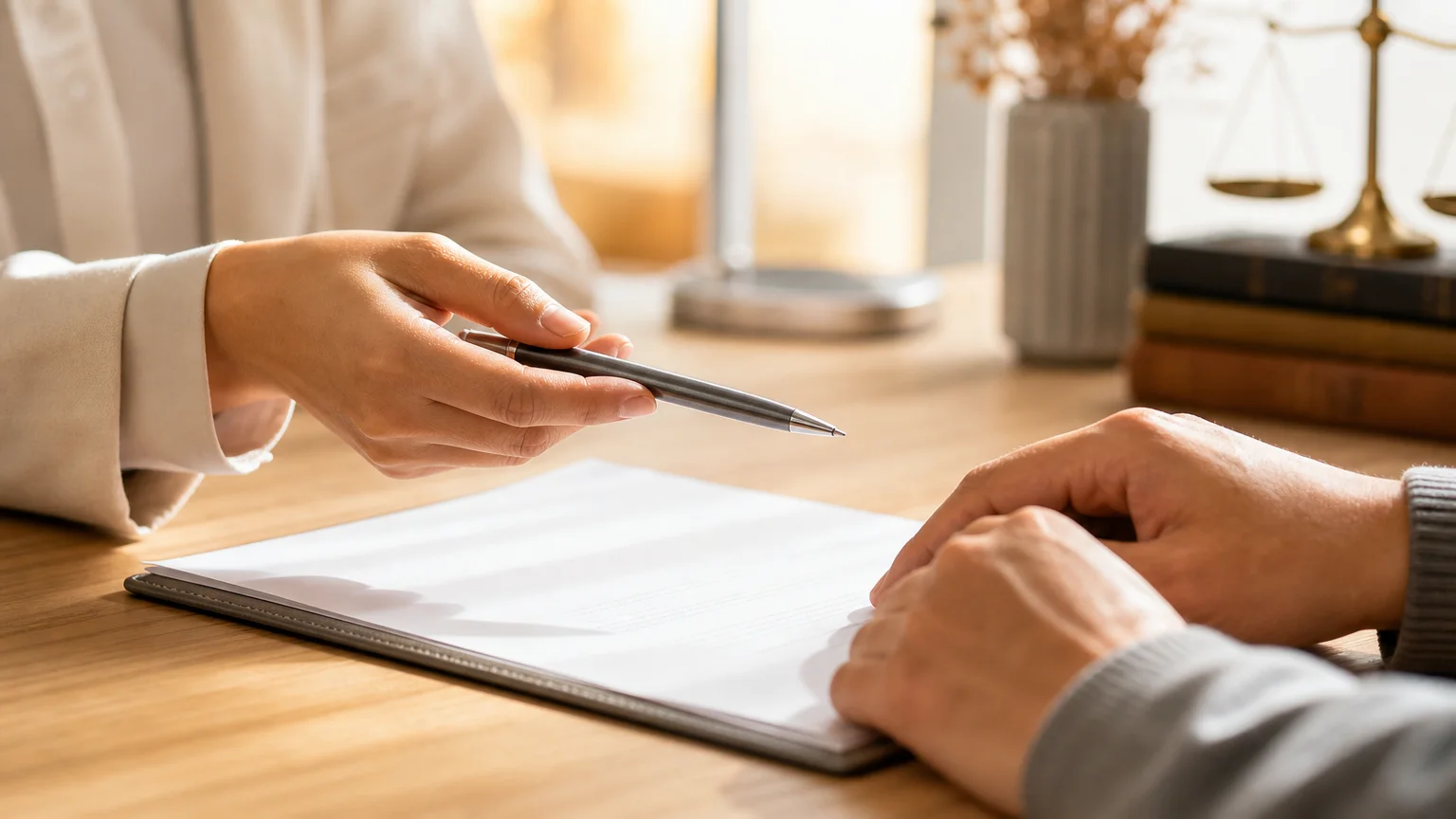 Gros plan de mains échangeant un stylo au-dessus d'un document sur une table claire.