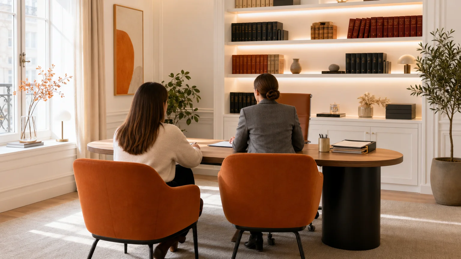 Deux personnes de dos en discussion dans un bureau d'avocat lumineux aux tons blancs et orange.
