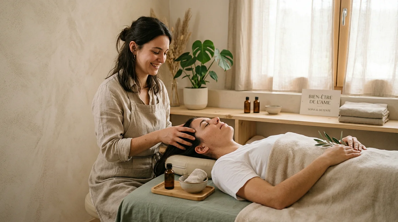Praticienne réalisant un soin head spa sur le cuir chevelu d'une cliente détendue