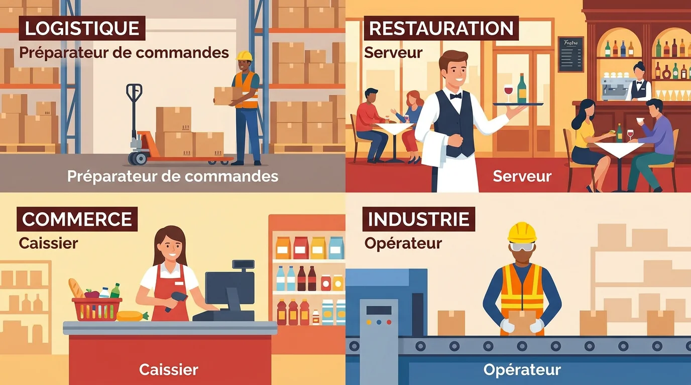 Illustration des quatre secteurs qui recrutent le plus d'étudiants en intérim en France