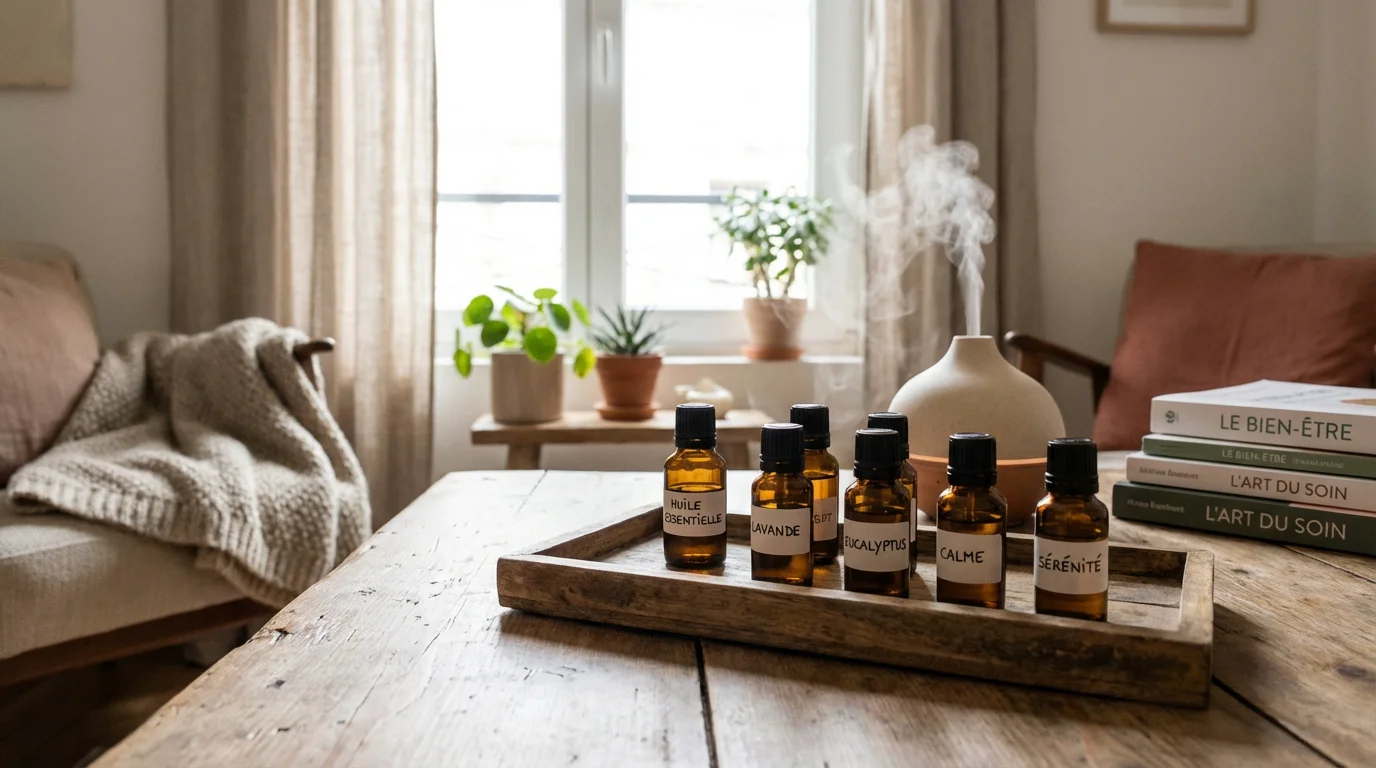 Flacons d'huiles essentielles disposés sur un plateau en bois dans un cabinet de thérapeute