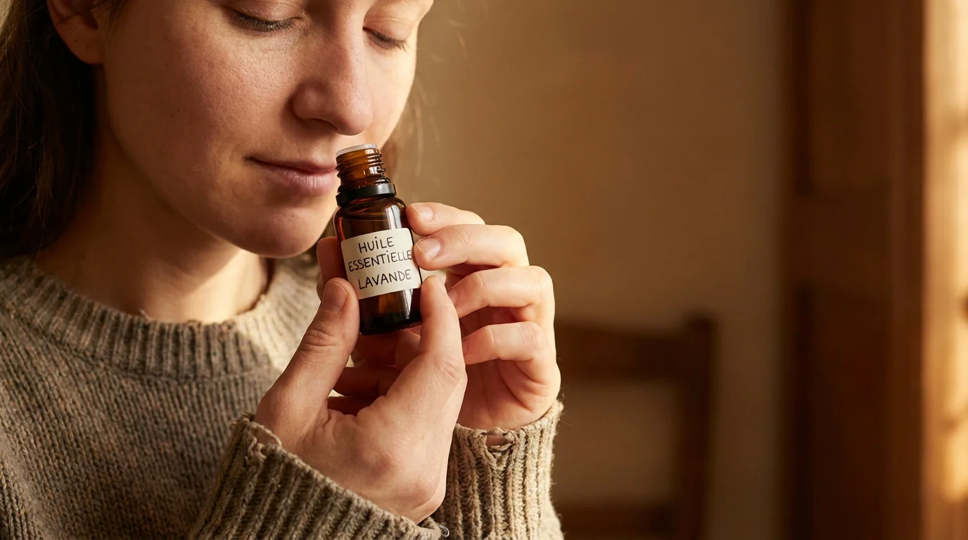 Personne respirant une huile essentielle les yeux fermés en séance thérapeutique