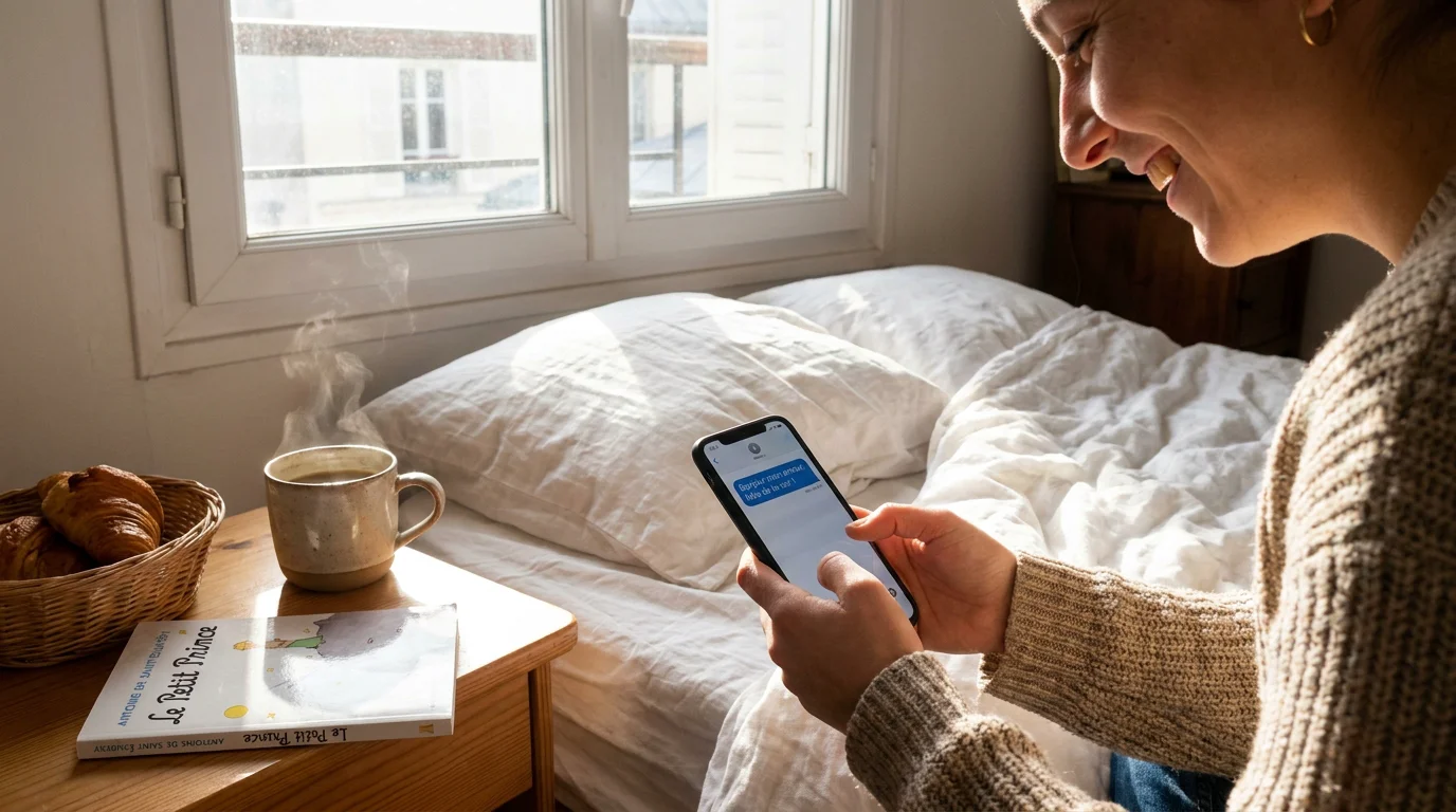 Personne souriante lisant un message d'amour sur son téléphone au réveil dans une chambre lumineuse