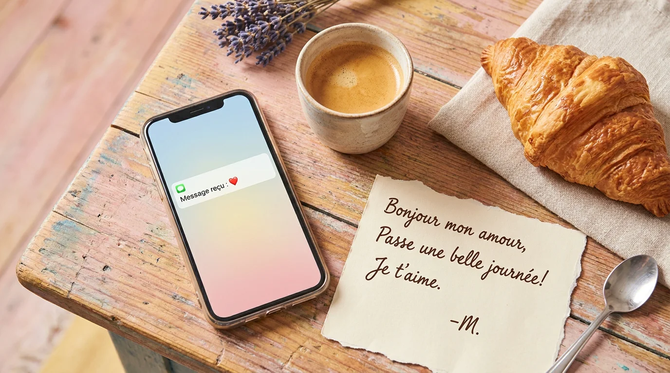Smartphone avec notification cœur posé à côté d'un café et d'un croissant sur une table en bois