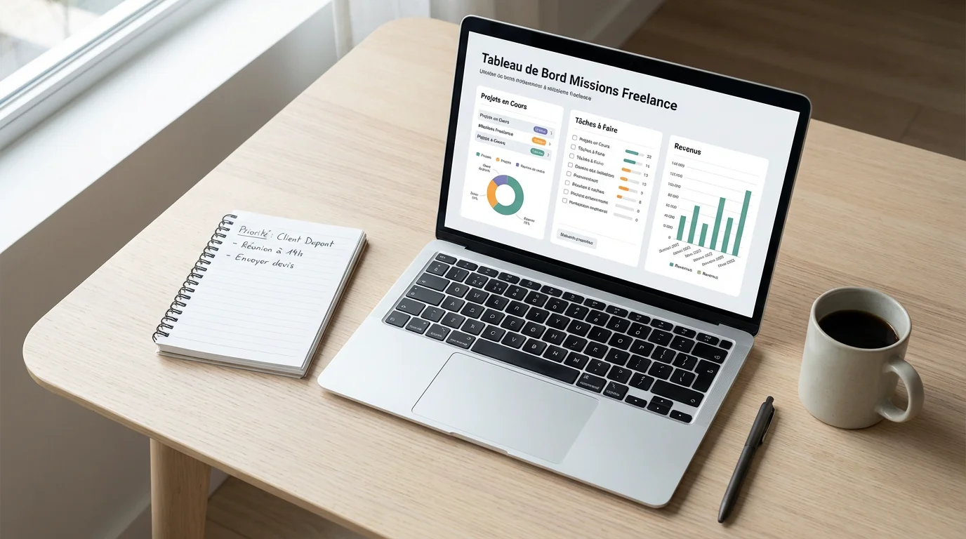 Bureau de freelance avec ordinateur affichant un tableau de bord de missions