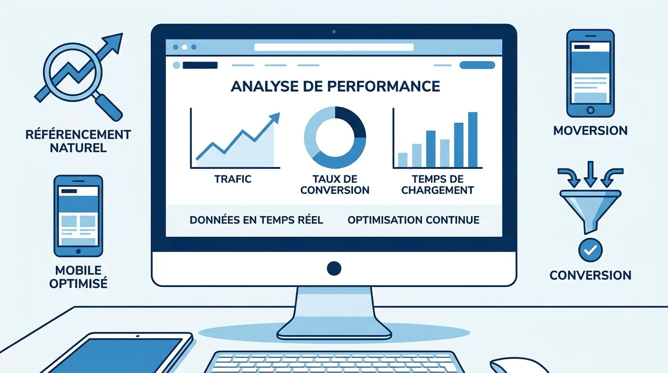 Écran d'ordinateur affichant un site web professionnel avec indicateurs de performance