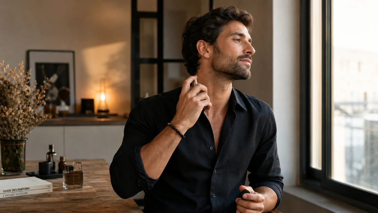 Homme appliquant une fragrance chaude dans un intérieur lumineux