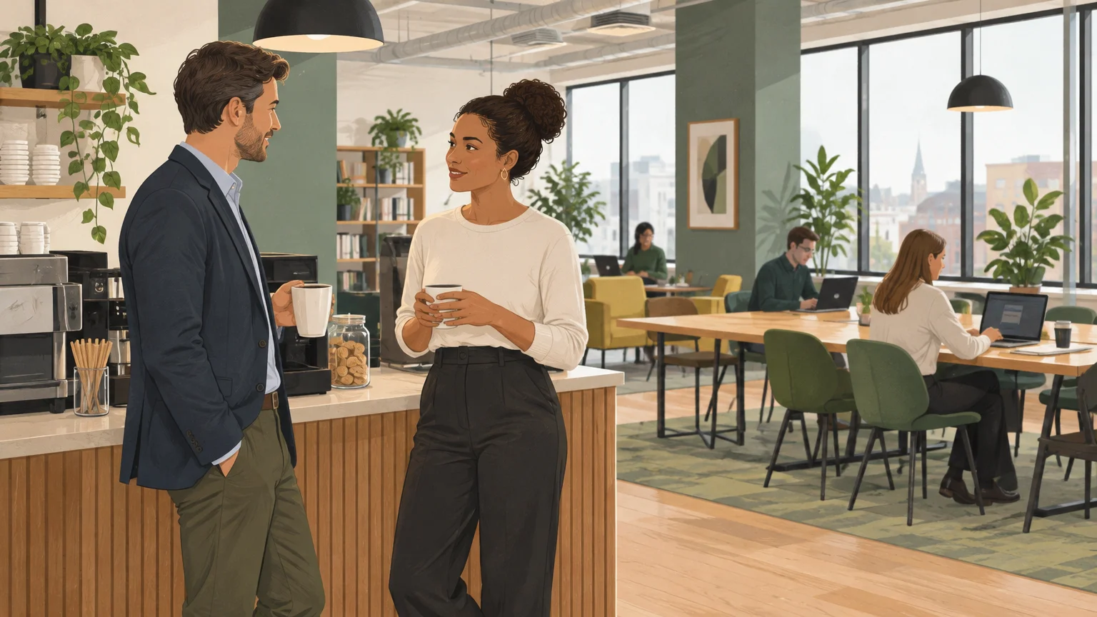 Two professionals speak briefly in a shared coworking lounge