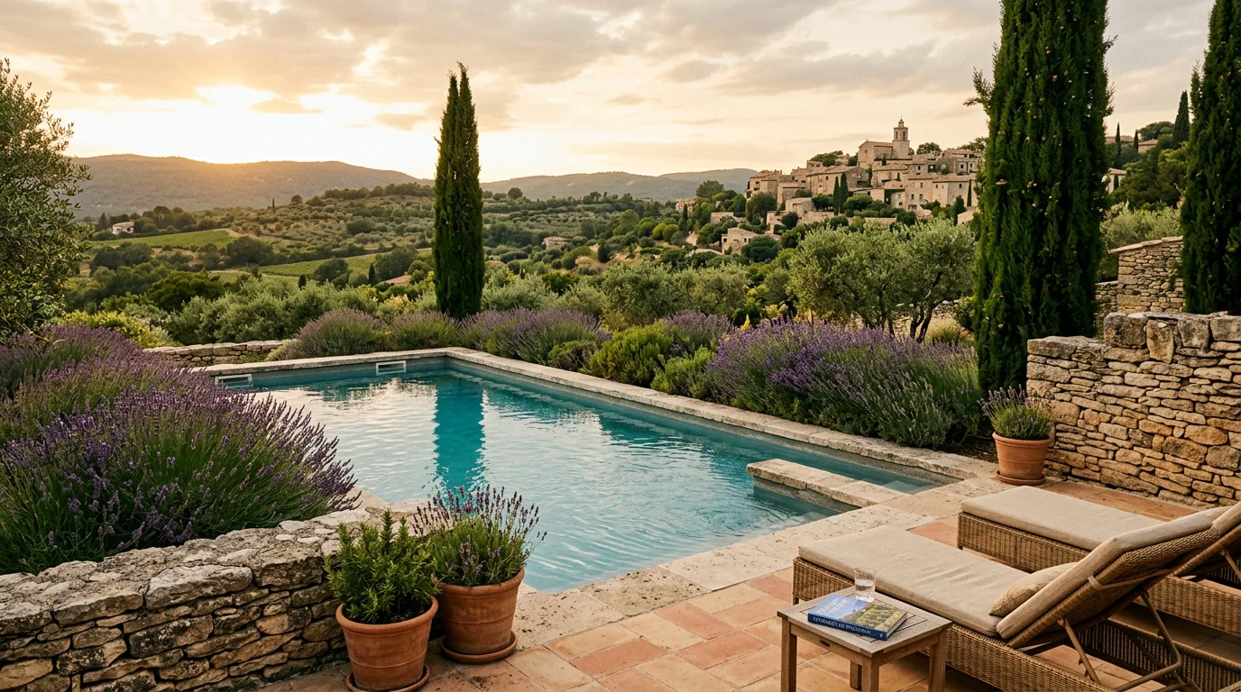 Piscine extérieure entourée de lavande et de cyprès en Provence près de Gordes