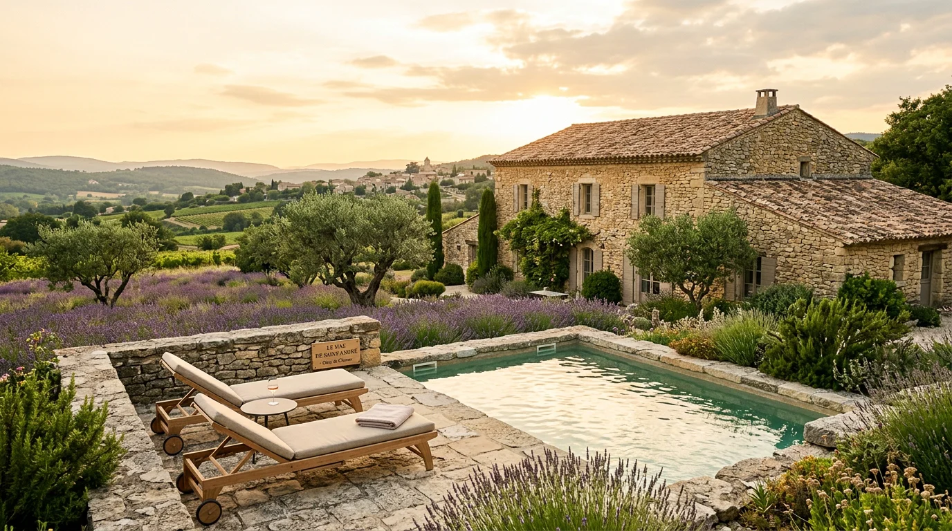Terrasse et piscine chauffée d'un hébergement en pierre en Provence