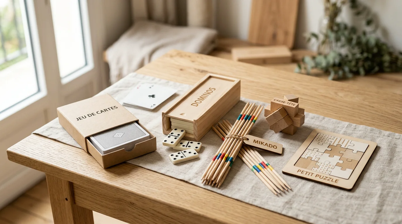 Assortiment de jeux d'intérieur en bois et cartes personnalisables sur une table