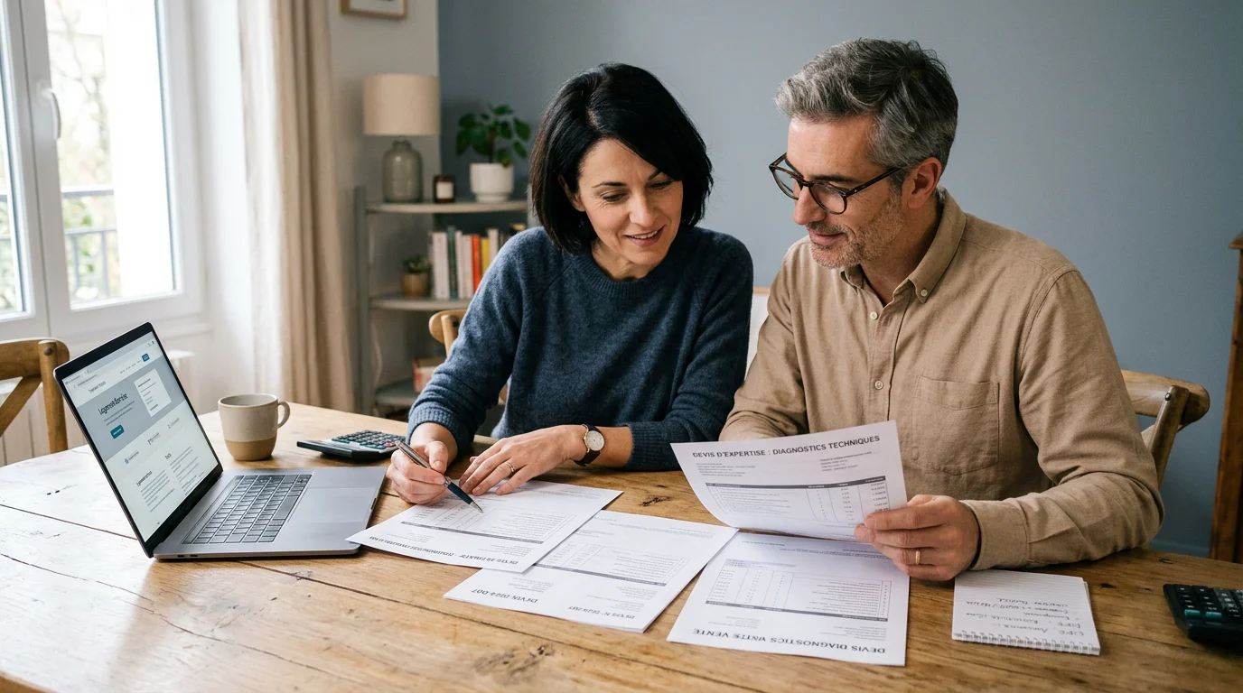 Propriétaires comparant plusieurs devis de diagnostics immobiliers sur une table