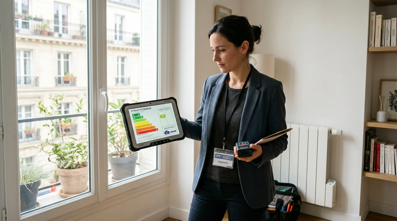 Diagnostiqueur réalisant un DPE avec une étiquette énergie dans un logement