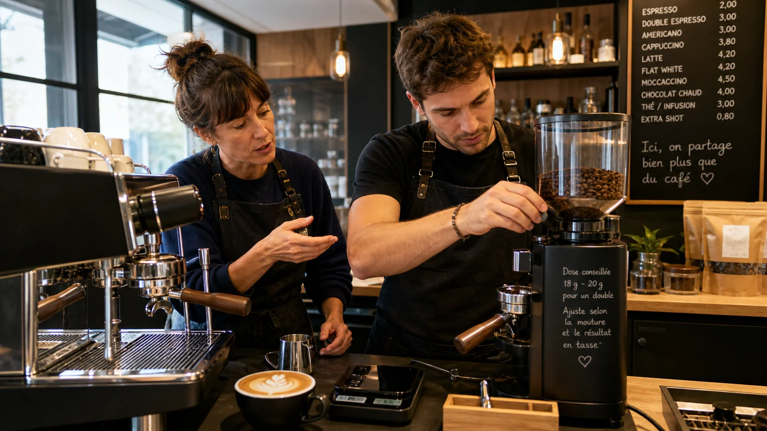 Formatrice et élève européens pendant une formation pratique au réglage du moulin espresso