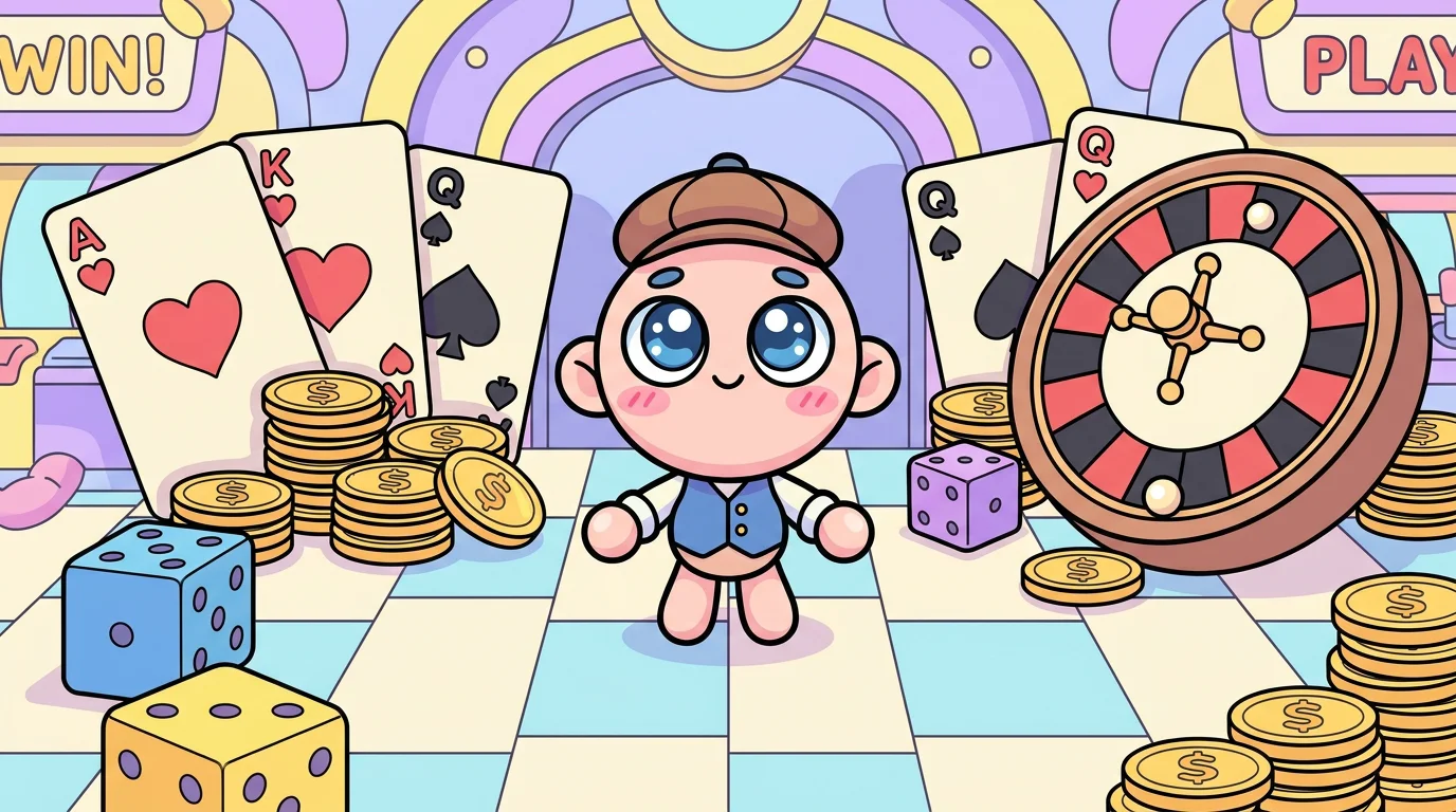 Cute cartoon character on a colorful casino floor with oversized cards, dice, and roulette wheel