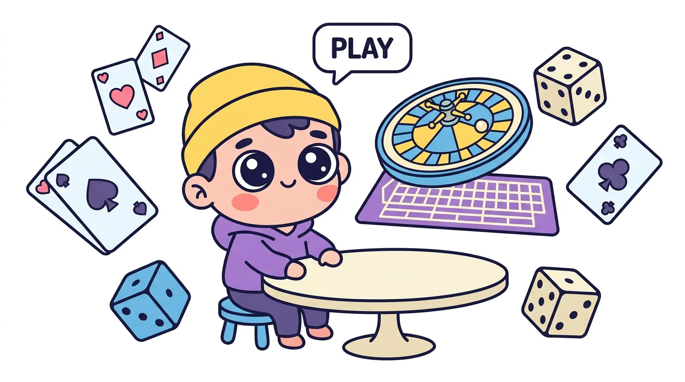 Cute cartoon character surrounded by dice, cards, and a roulette wheel representing popular gambling games