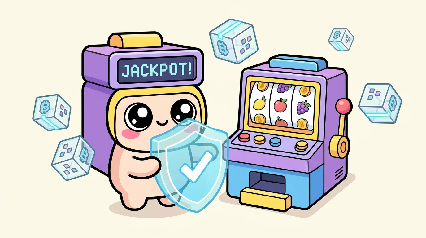 Cute cartoon character holding a verification shield next to a slot machine with blockchain elements