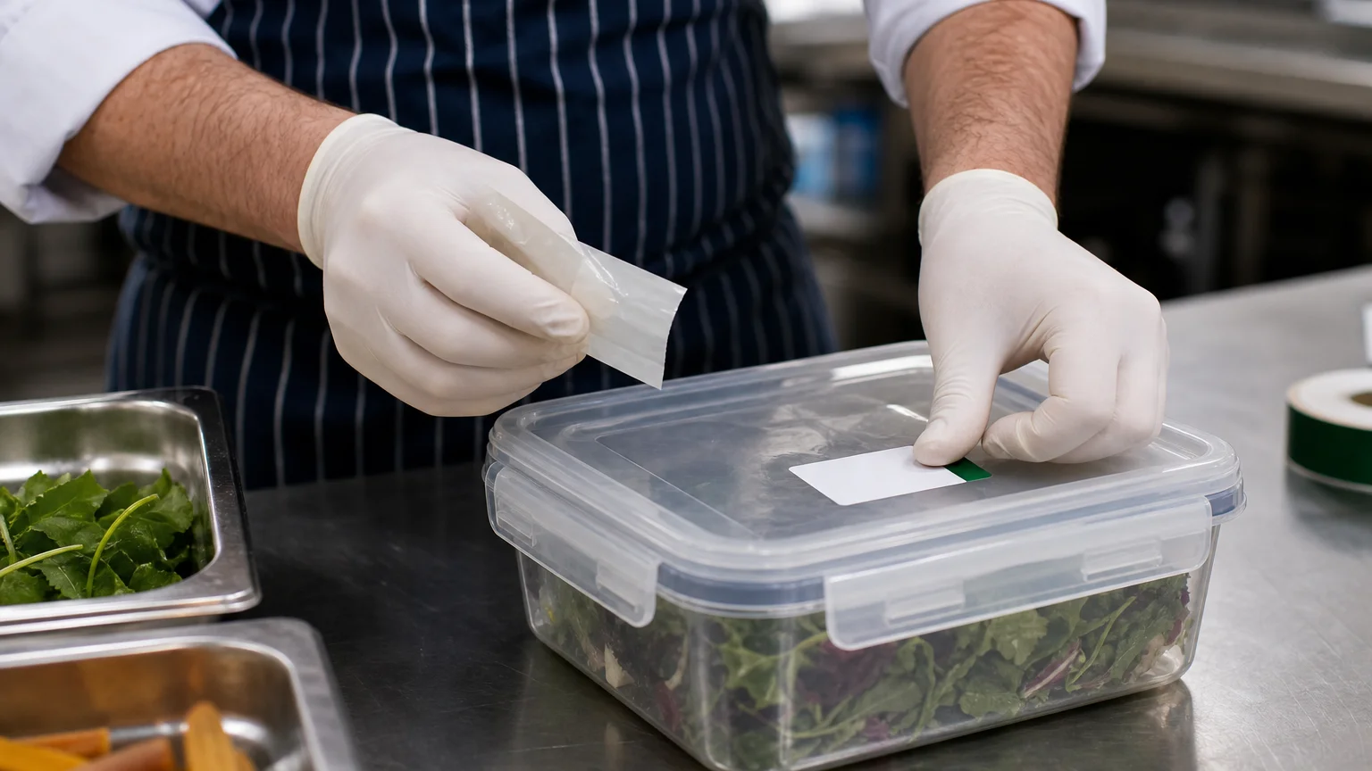 Cuisinier étiquetant un bac alimentaire après ouverture dans une cuisine professionnelle