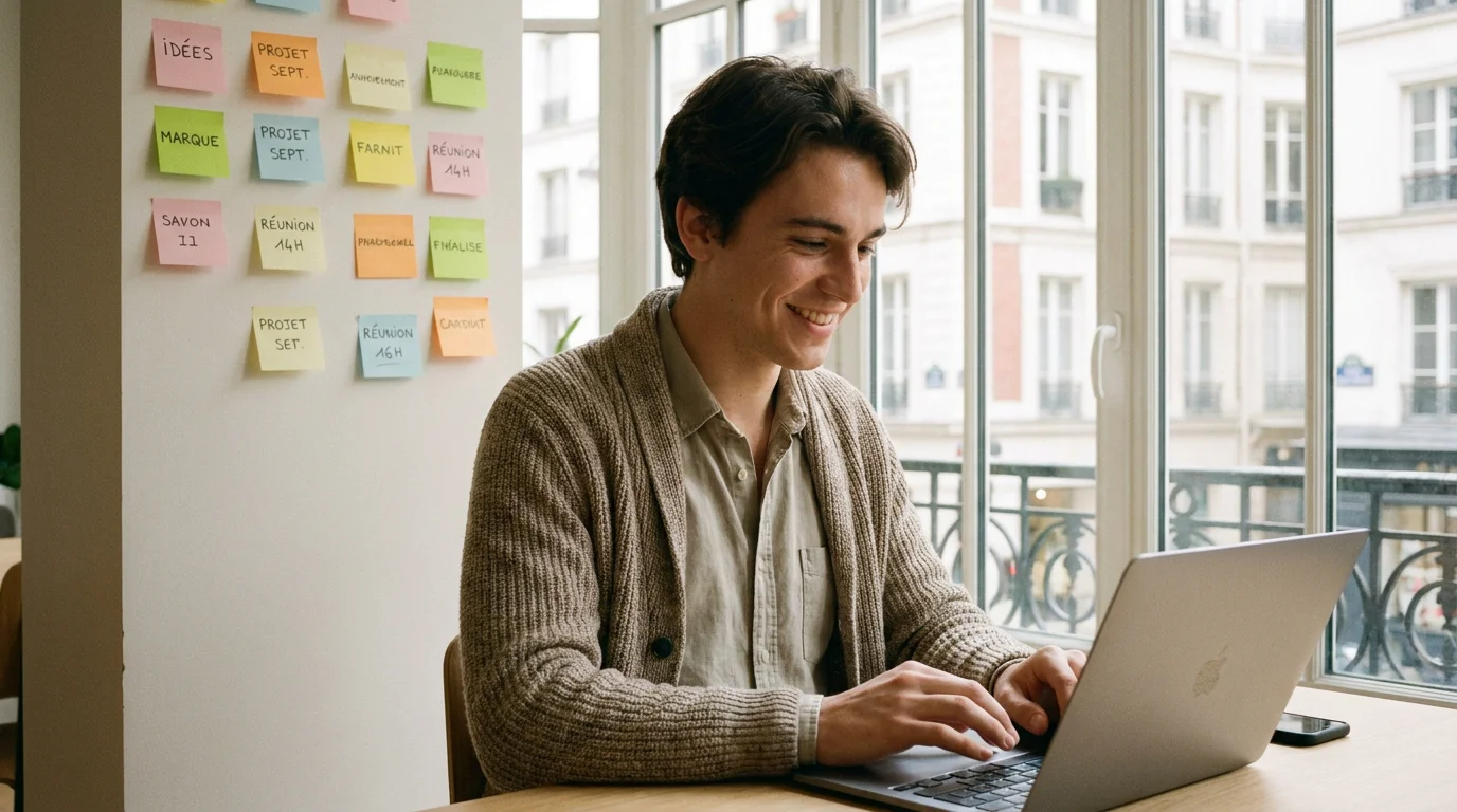 Stagiaire en communication travaillant sur son ordinateur dans un espace de coworking en France