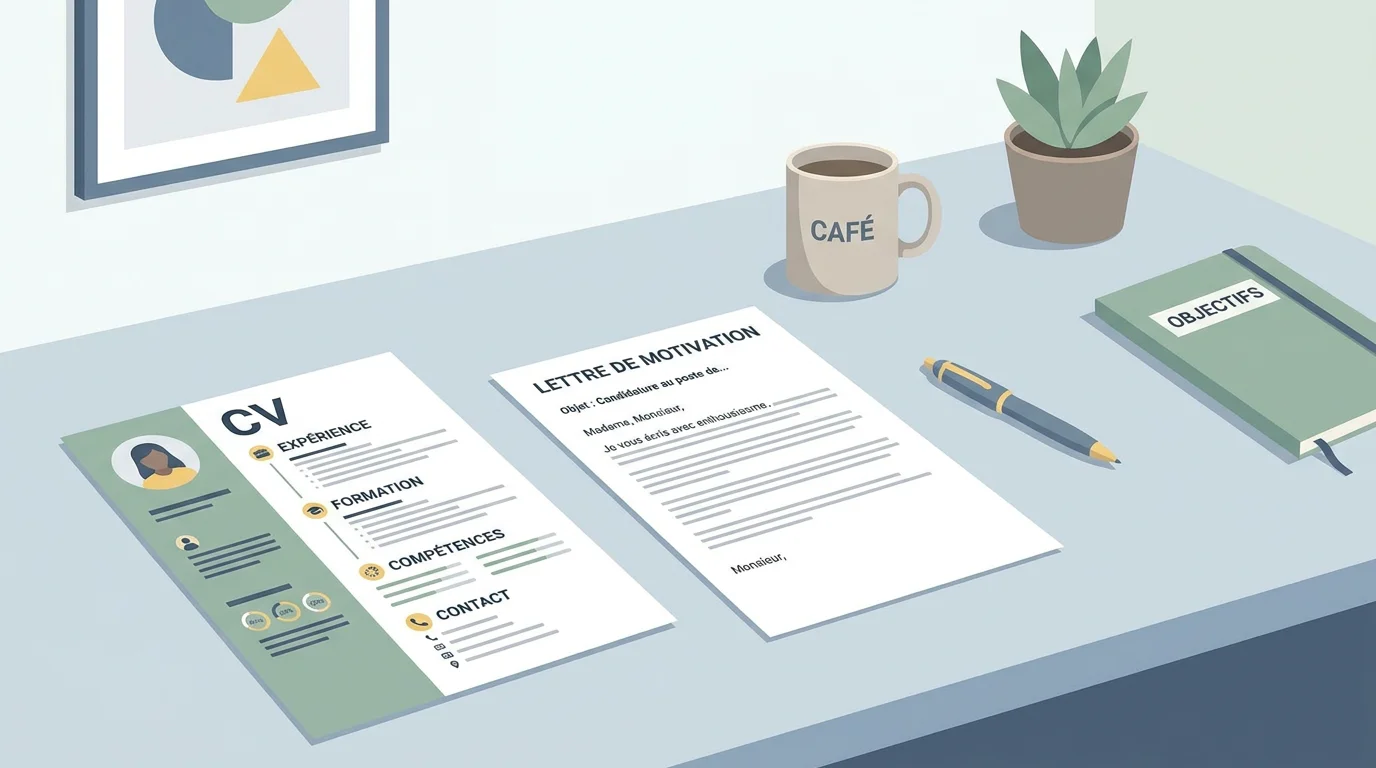 Illustration d'un CV et d'une lettre de motivation pour un stage en communication